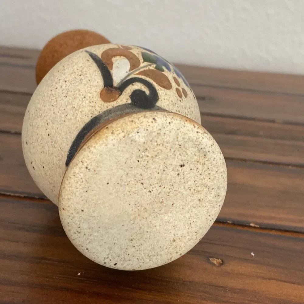 Vintage Mexican Art Pottery Stoneware Vase Hand Painted Signed Floral Small 5”